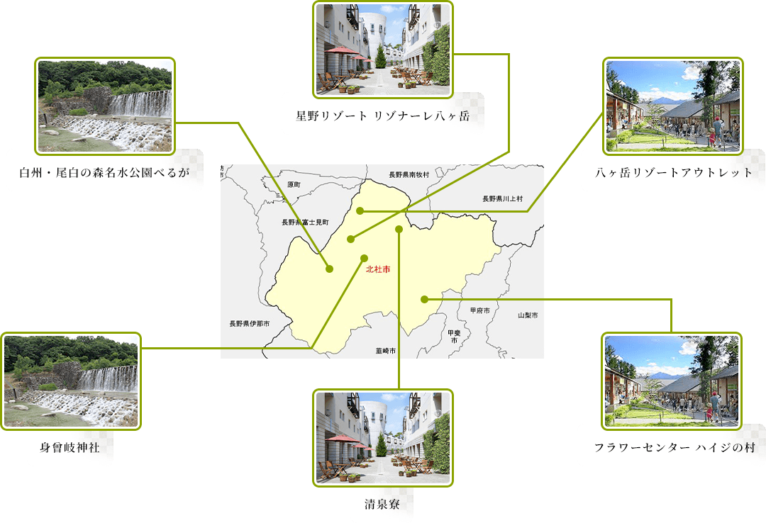 北杜市観光マップ｜白州・尾白の森名水公園べるが,フラワーセンター ハイジの村,星野リゾート リゾナーレ八ヶ岳,清泉寮,身曾岐神社,八ヶ岳リゾートアウトレット