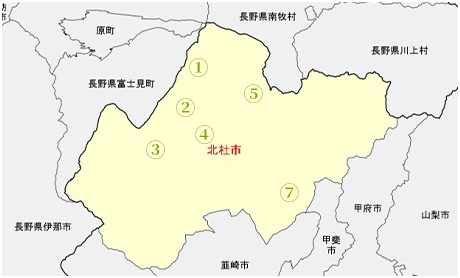 北杜市観光マップ｜白州・尾白の森名水公園べるが,フラワーセンター ハイジの村,星野リゾート リゾナーレ八ヶ岳,清泉寮,身曾岐神社,八ヶ岳リゾートアウトレット